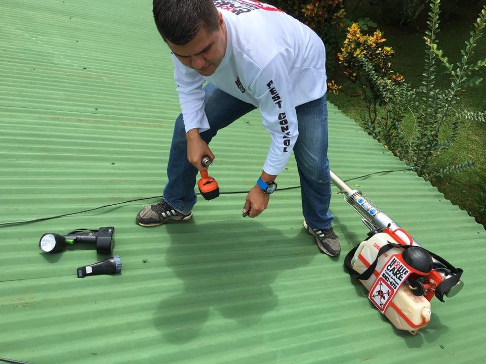 Tecnico preparando equipo de fumigacion sobre techo