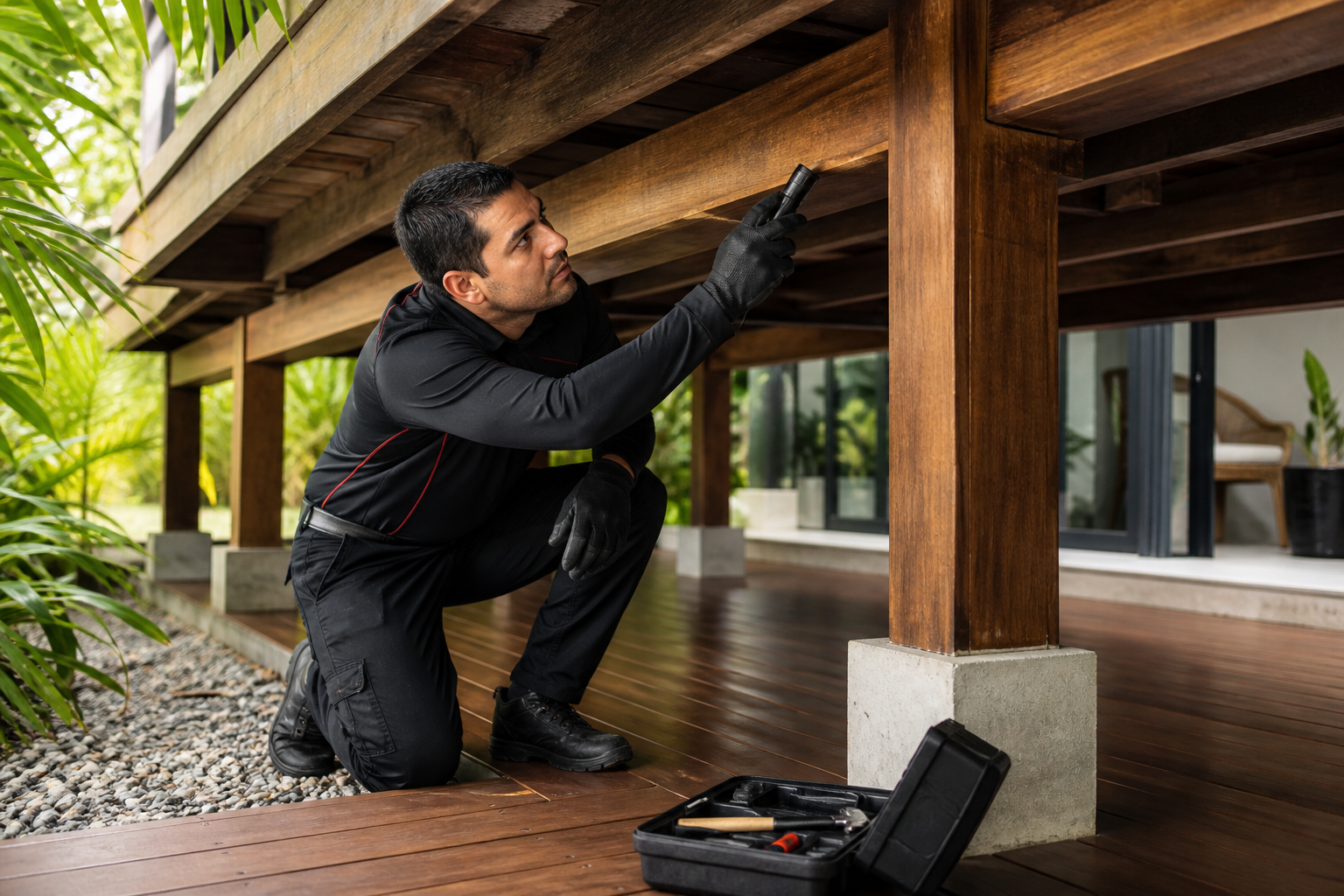 Tecnico inspeccionando madera para prevenir termitas
